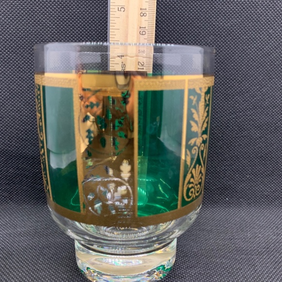 8 mid century low ball green and gold glasses with wooden glass caddy - Picture 7 of 13